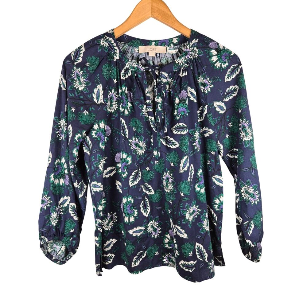 LOFT Navy Floral Paisley Shirred Tie Neck Blouse Top XS Boho Peasant Cottagecore